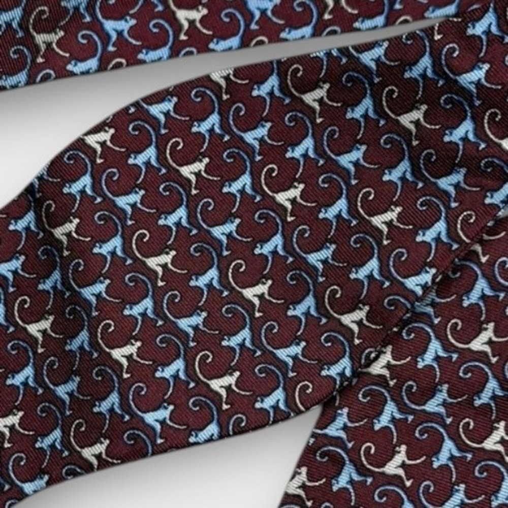 Tommy Hilfiger Bow Tie Monkeys Burgundy Maroon Blue White Silk Adjustable Unique